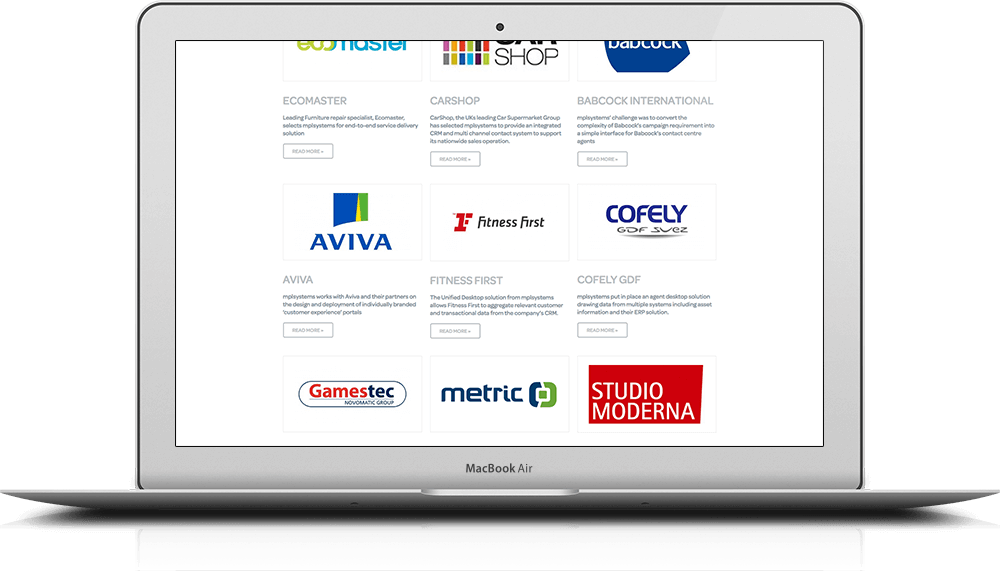 iMac showing branding and website design for MPL Systems with various case study logos