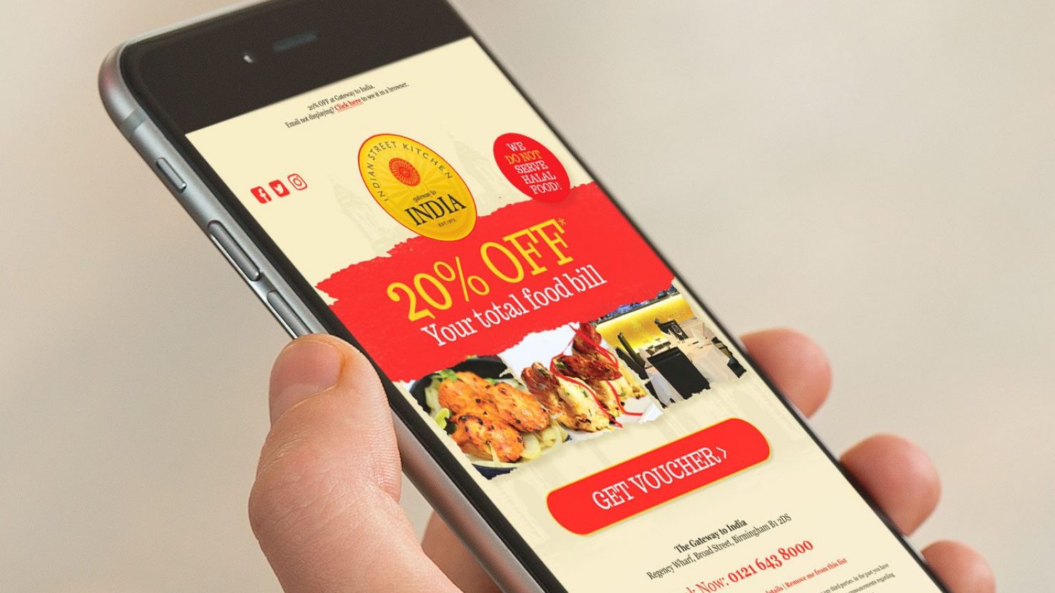 responsive restaurant email marketing for gateway to india shown on iphone