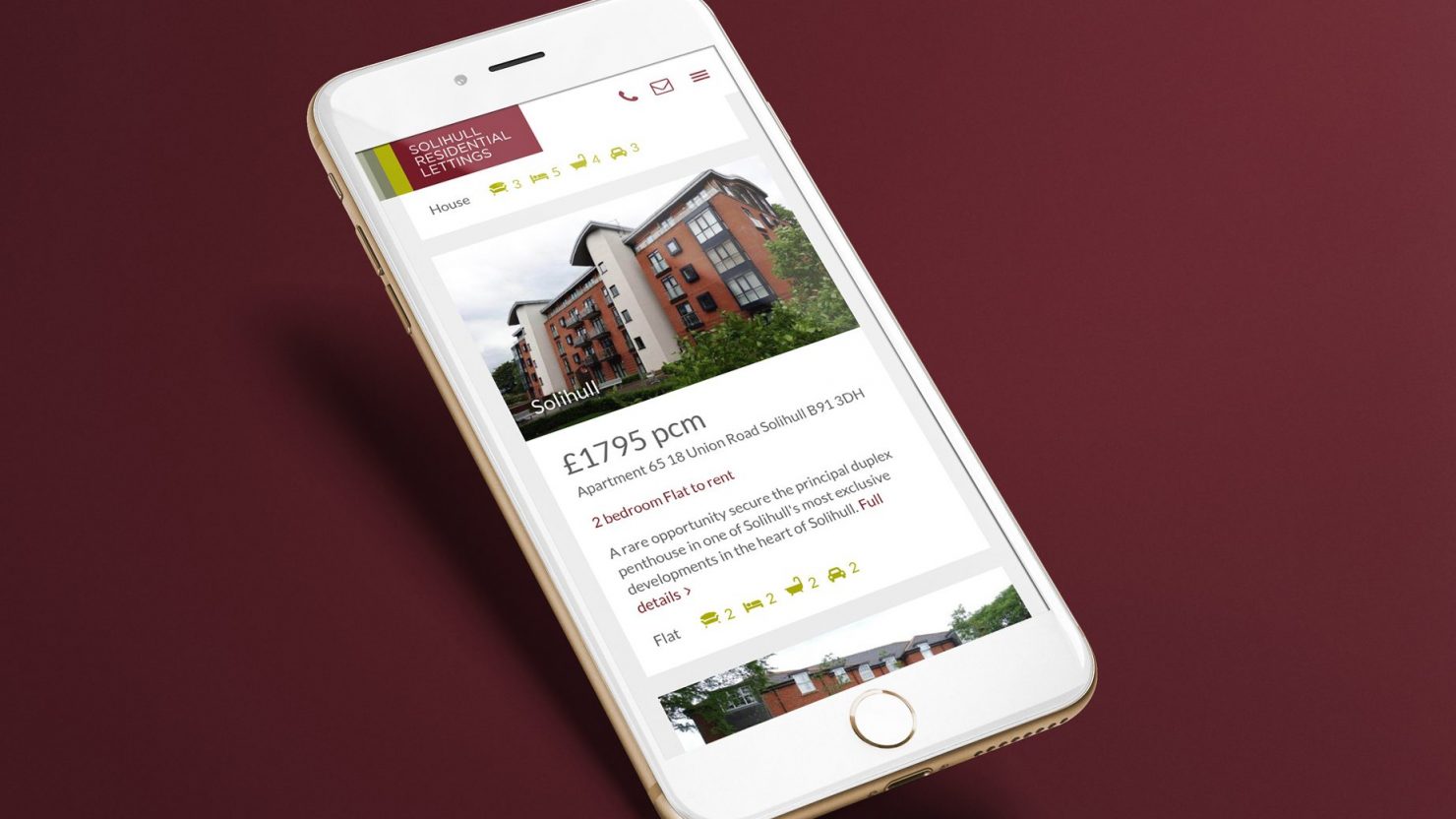 iPhone showing website design and branding for Solihull Residential Lettings